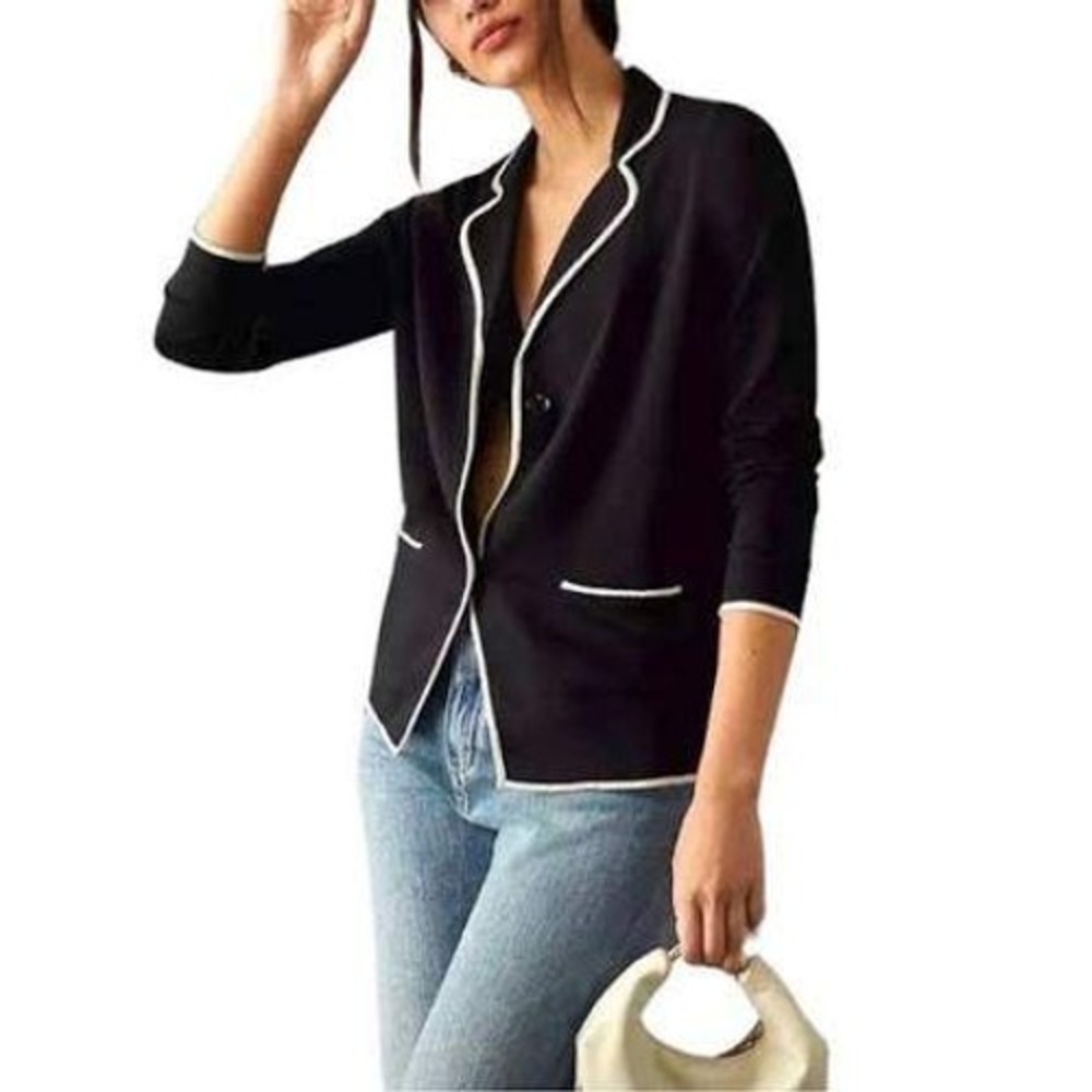 Kule Syd Knit Blazer Women's Small Black White Tipped Jersey Cotton Stretch